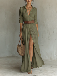 Constance | Long Maxi Dress with Notch Collar and Long Sleeves