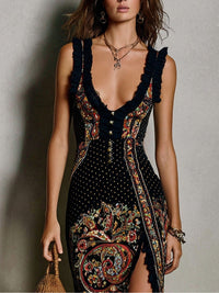Romy | Black Boho Print Dress with Deep V Neckline and High Slit