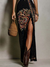 Romy | Black Boho Print Dress with Deep V Neckline and High Slit