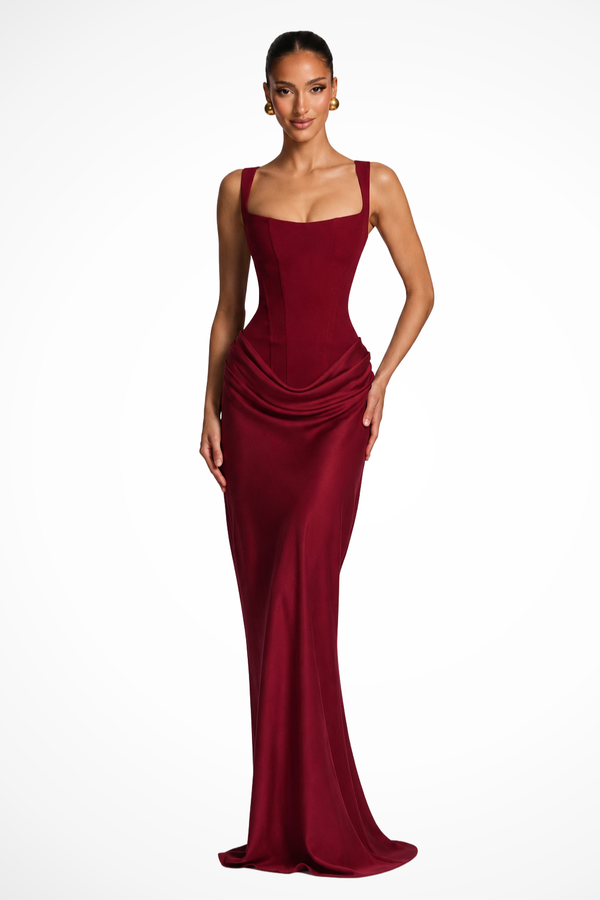 Rosalind | Women Square Neck Corset Draped Wedding Guest Maxi Dress