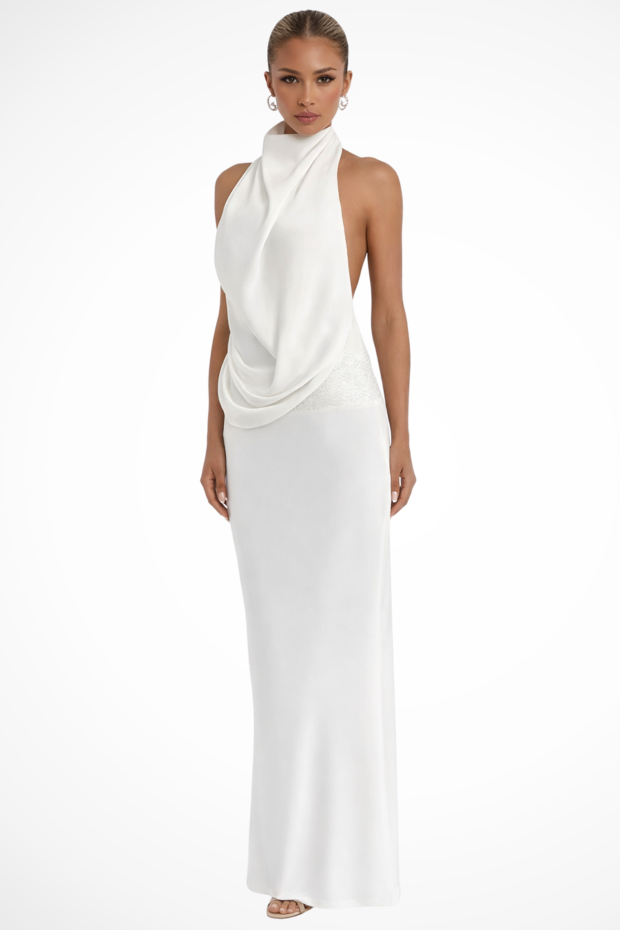 Ottilie | Women Halter Neck Draped Satin Wedding Guest Maxi Dress