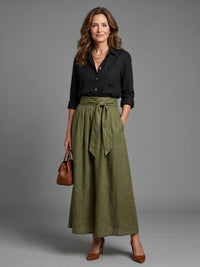 Vera | Two-Piece Set with Black Blouse and Olive Midi Skirt