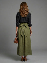 Vera | Two-Piece Set with Black Blouse and Olive Midi Skirt