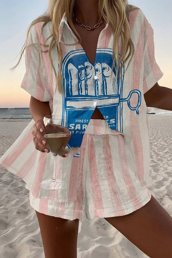 Καλοκαιρινό σετ Sardegna με ροζ ρίγες και ρετρό μπλε print