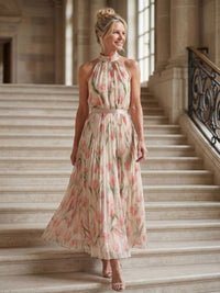 Violet & Grace | Floral Midi Dress with Halter Neckline