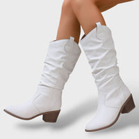 Women's Pleated Western Leather Boots with Block Heel