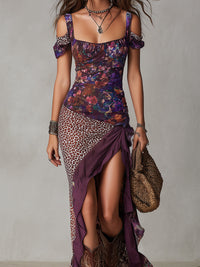 Léonore | Purple Maxi Dress with Leopard and Floral Print and High Slit