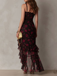 Rosalie | Black and Red Mini Floral Dress with Gathered Ruffle Hem