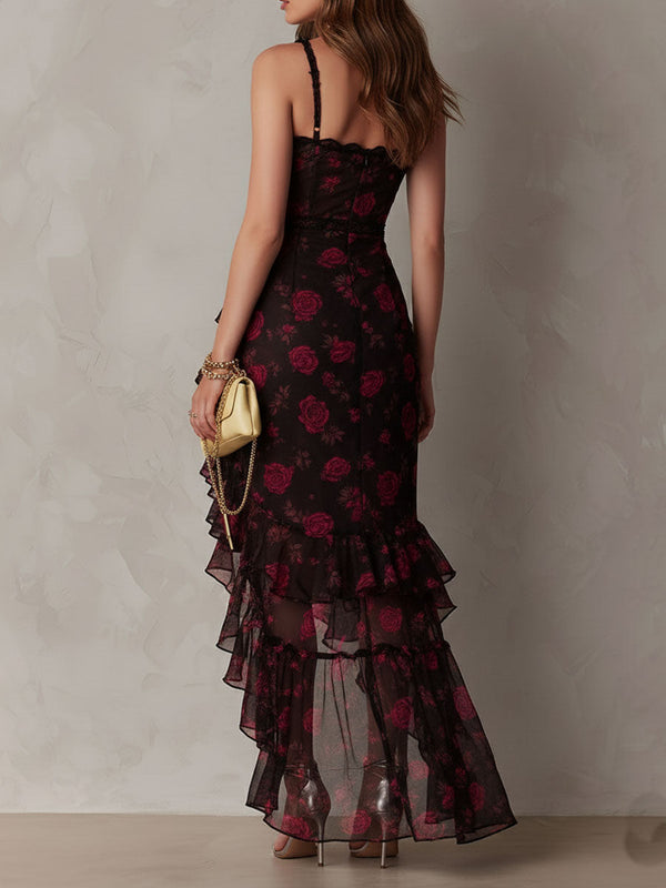 Rosalie | Black and Red Mini Floral Dress with Gathered Ruffle Hem