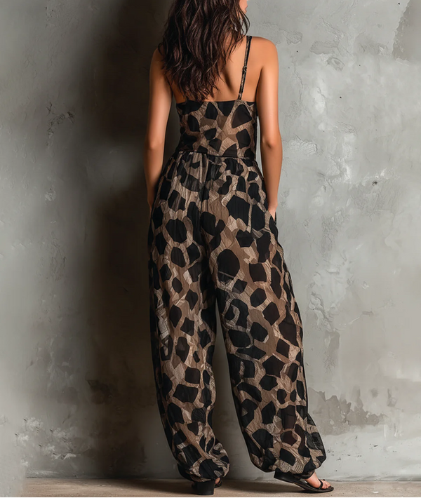 Roberte | Wide-Leg Chiffon Jumpsuit with Animal Print and Halter Neckline