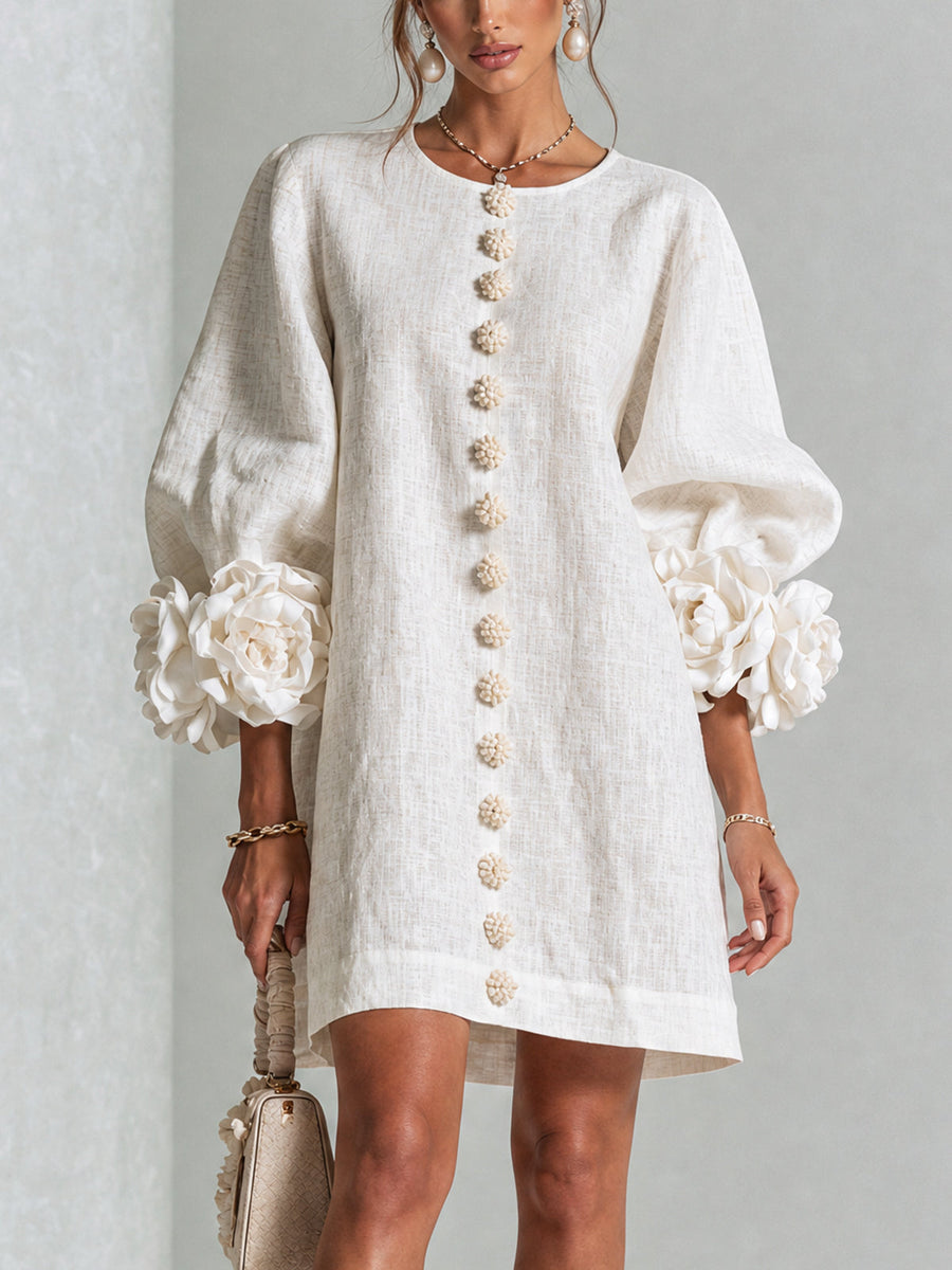 Laura | White Mini Dress with Floral Buttons