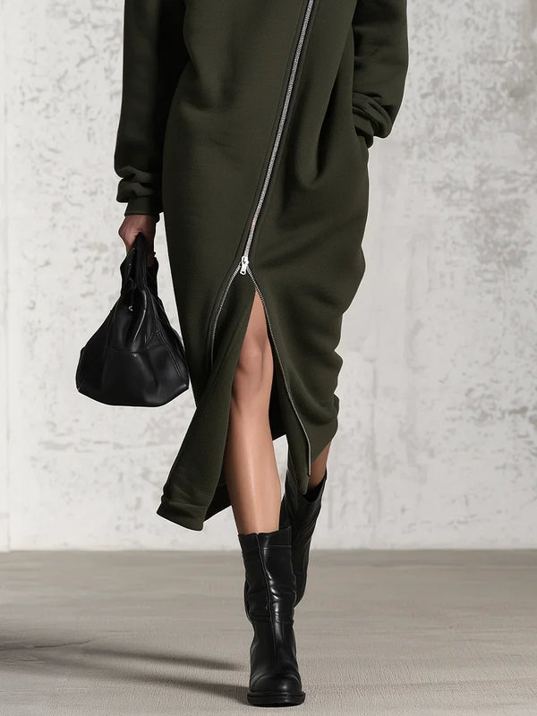 ARMY | ASYMMETRICAL HALF-ZIP FLEECE MIDI DRESS