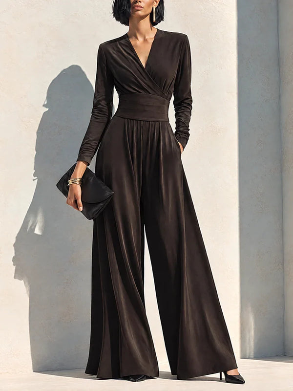 VALERIE | CHOCOLATE BROWN WRAP WIDE-LEG JUMPSUIT