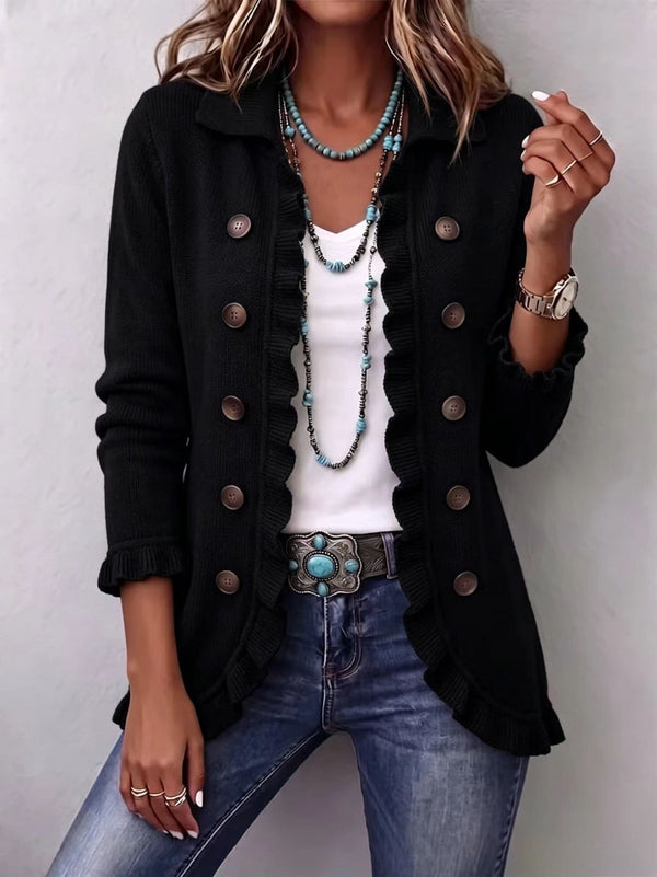Zélie | Ribbed Knit Jacket in Bold Black with Ruffles