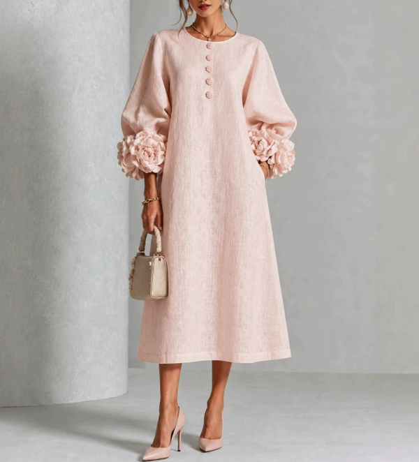 Chambray Denim Midi Dress with 3D Rosette Sleeves