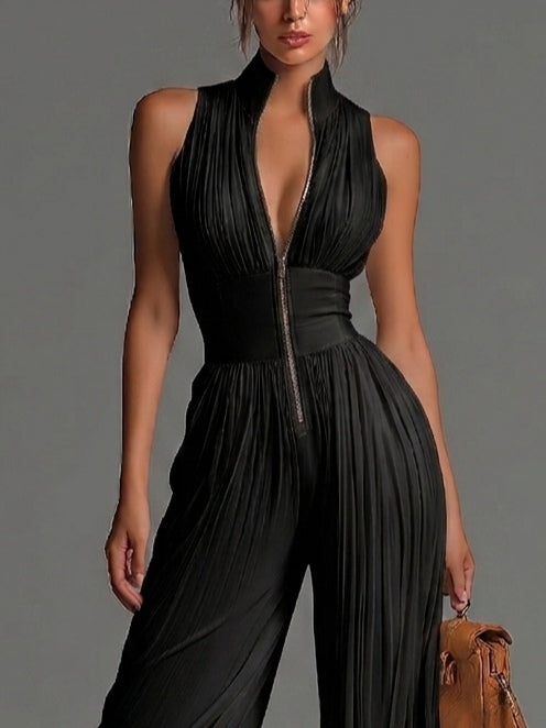 Victoire | Black Chiffon Jumpsuit with V Neckline and Wide Pleated Trousers