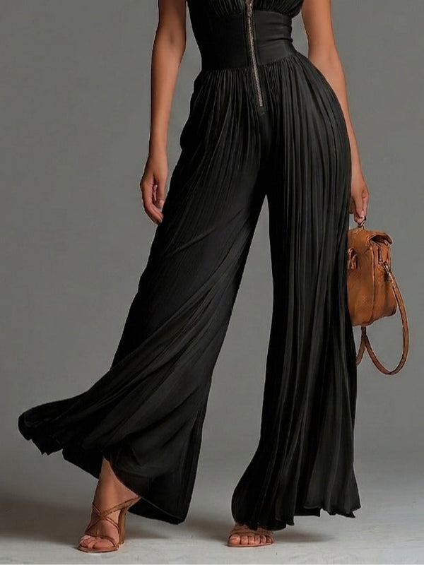 Victoire | Black Chiffon Jumpsuit with V Neckline and Wide Pleated Trousers