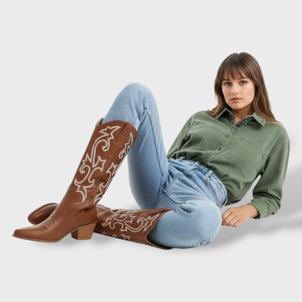 Women's Tall Embroidered Cowboy Boots with Block Heel