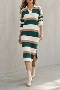 TARA | STRIPED COLLARED KNIT MIDI DRESS