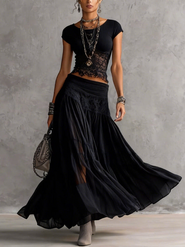 Geneviève | Sheer Black Lace Top and Pleated Maxi Skirt Set
