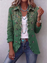 Cosette | Green Boho Jacket with Paisley Print and Ruffles