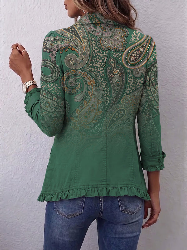 Cosette | Green Boho Jacket with Paisley Print and Ruffles