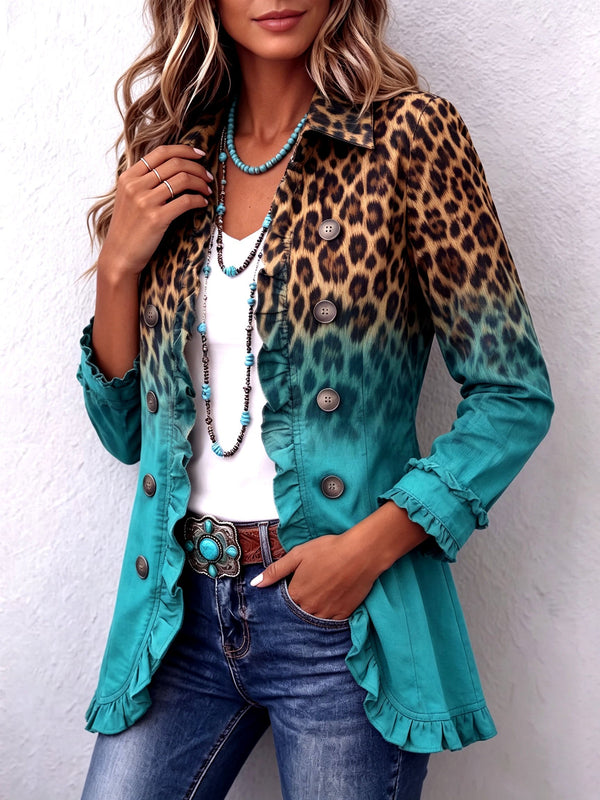 Béatrice | Turquoise Ombré Leopard Blazer with Ruffles