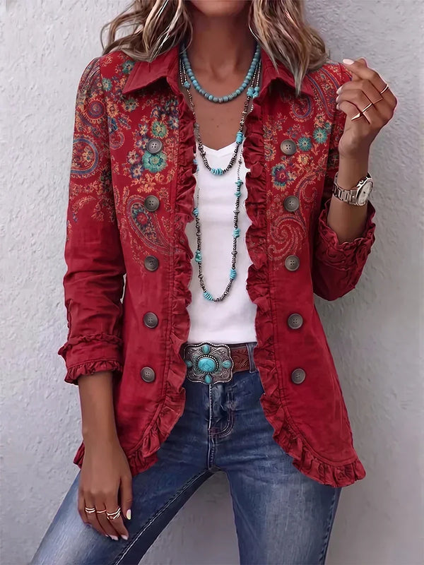 Charlotte | Boho Jacket with Red Paisley Print and Ruffles