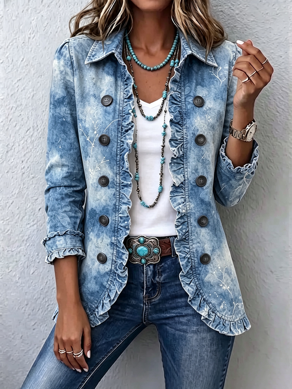 Guenièvre | Retro Boho Botanical Jacket with Blue Ombré and Ruffles