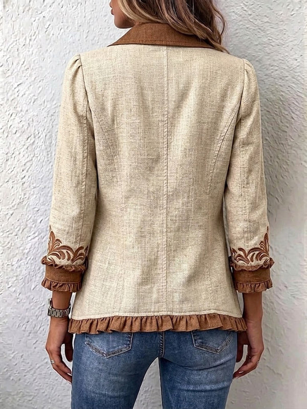 Octavie | Retro Boho Floral Jacket in Camel and Brown with Ruffles