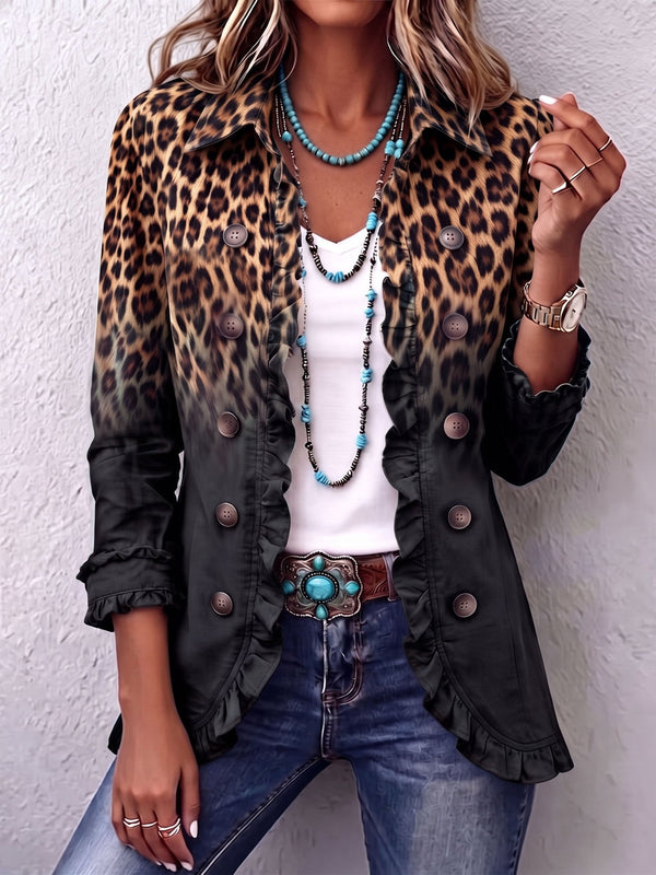Valentine | Blazer with Charcoal Ombré Leopard and Ruffles