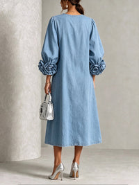 Chambray Denim Midi Dress with 3D Rosette Sleeves