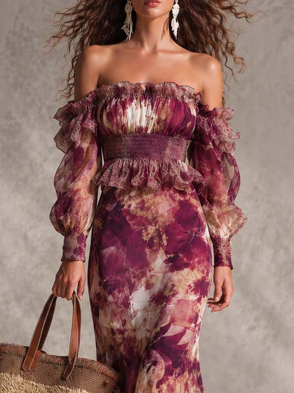 Rosette | Pink Floral Chiffon Maxi Dress with Off-Shoulder Neckline