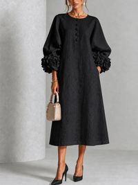 Chambray Denim Midi Dress with 3D Rosette Sleeves