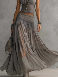 Aloïse | Grey Sheer Lace Top and Pleated Maxi Skirt Set