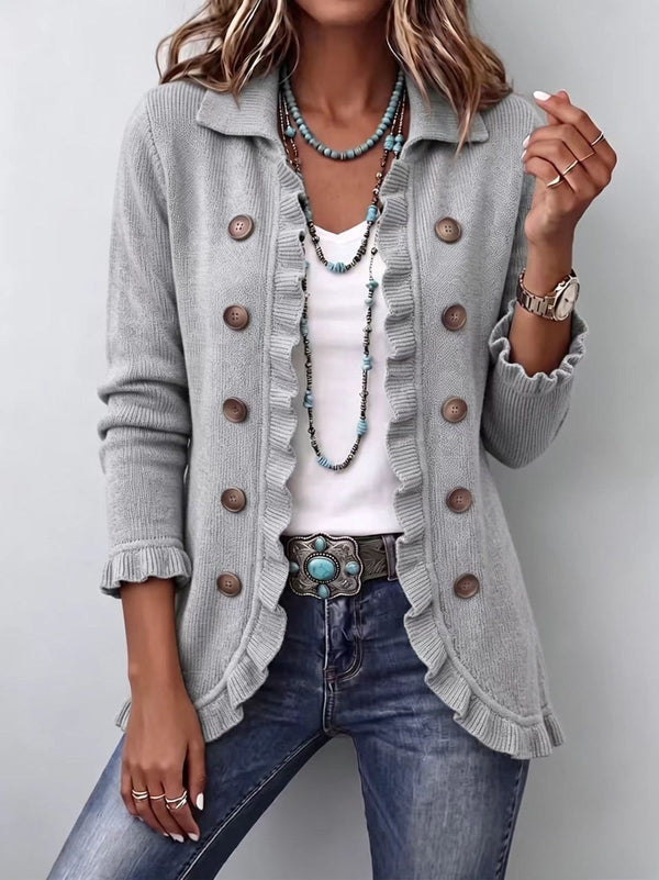 Théodora | Ribbed Knit Jacket in Melange Grey with Ruffles