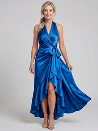 Honora | Wrap Midi Dress with Halter Neckline and Asymmetric Hem