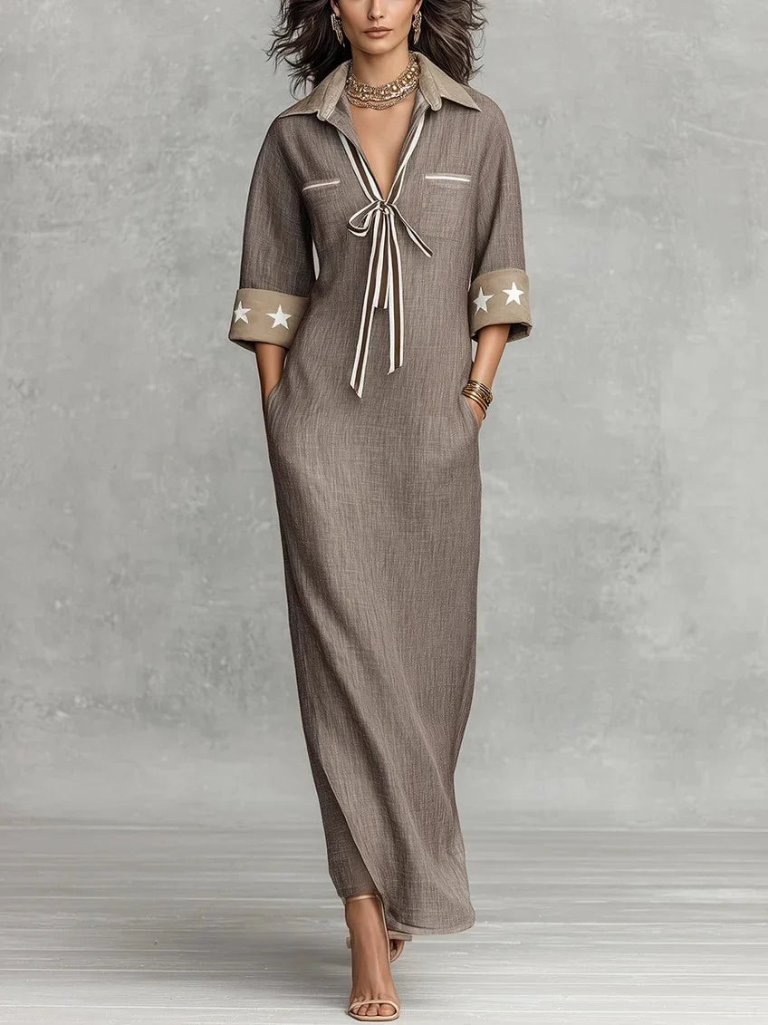 MAREN | TAUPE STRIPED LINEN-BLEND MAXI DRESS
