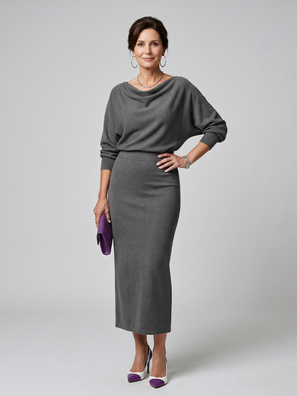 Romy | Midi Dress with Draped Neckline and Fitted Skirt