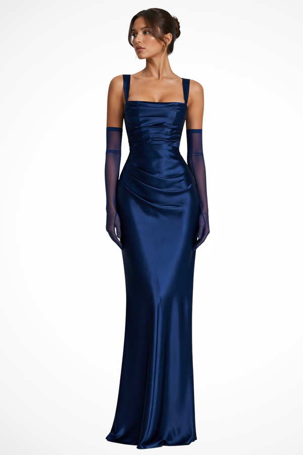 Vivienne | Women Square Neck Ruched Satin Maxi Wedding Guest Dress