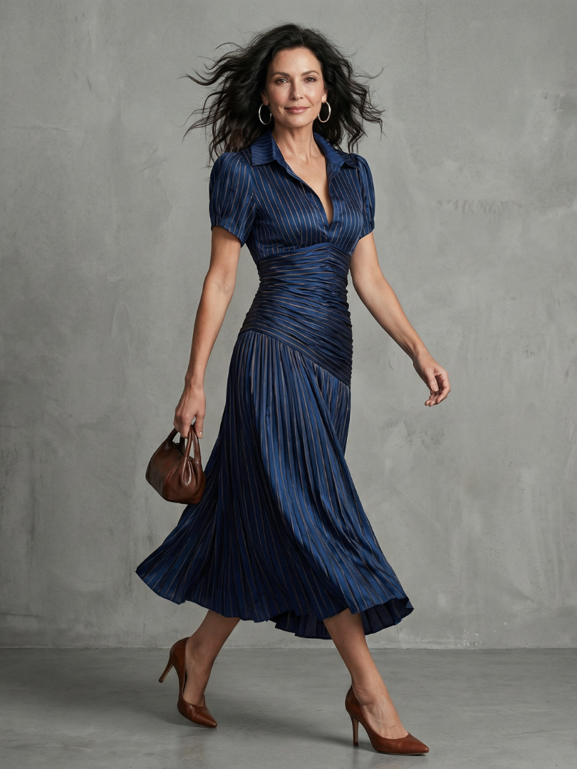Theodora | Striped Midi Dress with Pleated Waist