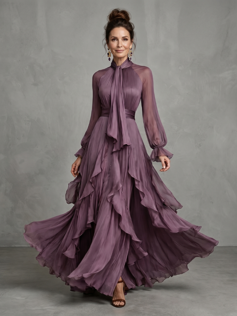 Demetria | Tiered Maxi Dress with Tie Neck and Ruffles
