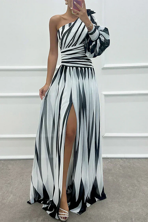 Violet & Grace | Elegant One-Shoulder Striped Maxi Dress
