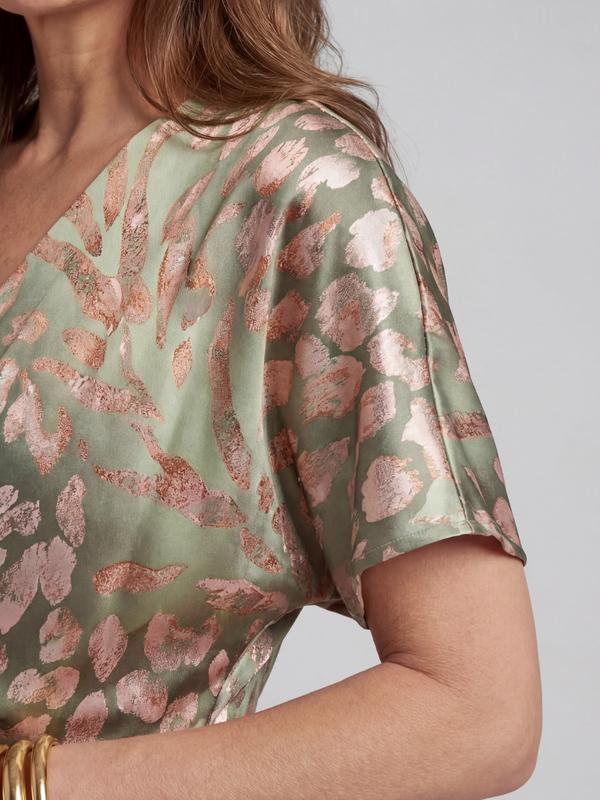 Violet & Grace | Abstract Print Midi Dress with V Neckline and Twist Waist