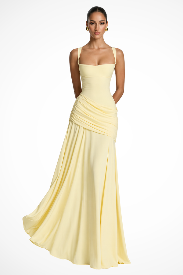 Lavinia | Women Square Neck Ruched Wedding Guest Maxi Dress with Side Slit
