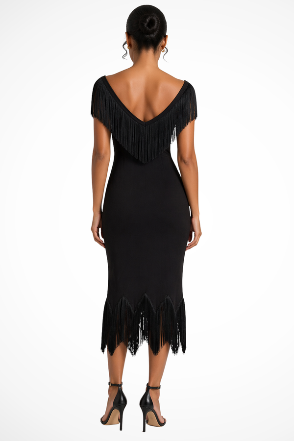 Annabel | Women Fringe Trim Off Shoulder Wedding Guest Midi Dress
