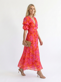 Violet & Grace | Floral Midi Dress with V Neckline and Puff Sleeves