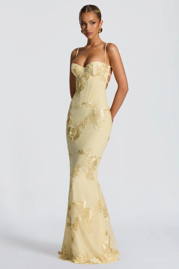 Anastasia | Women Floral Embroidered Corset Cami Strap Wedding Guest Maxi Dress
