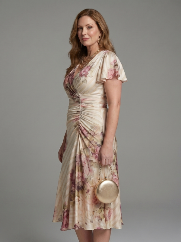 Katarina | Wrap Midi Dress with Flutter Sleeves and Floral Stripe Pattern