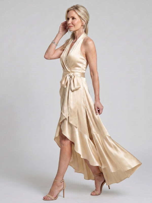 Honora | Wrap Midi Dress with Halter Neckline and Asymmetric Hem
